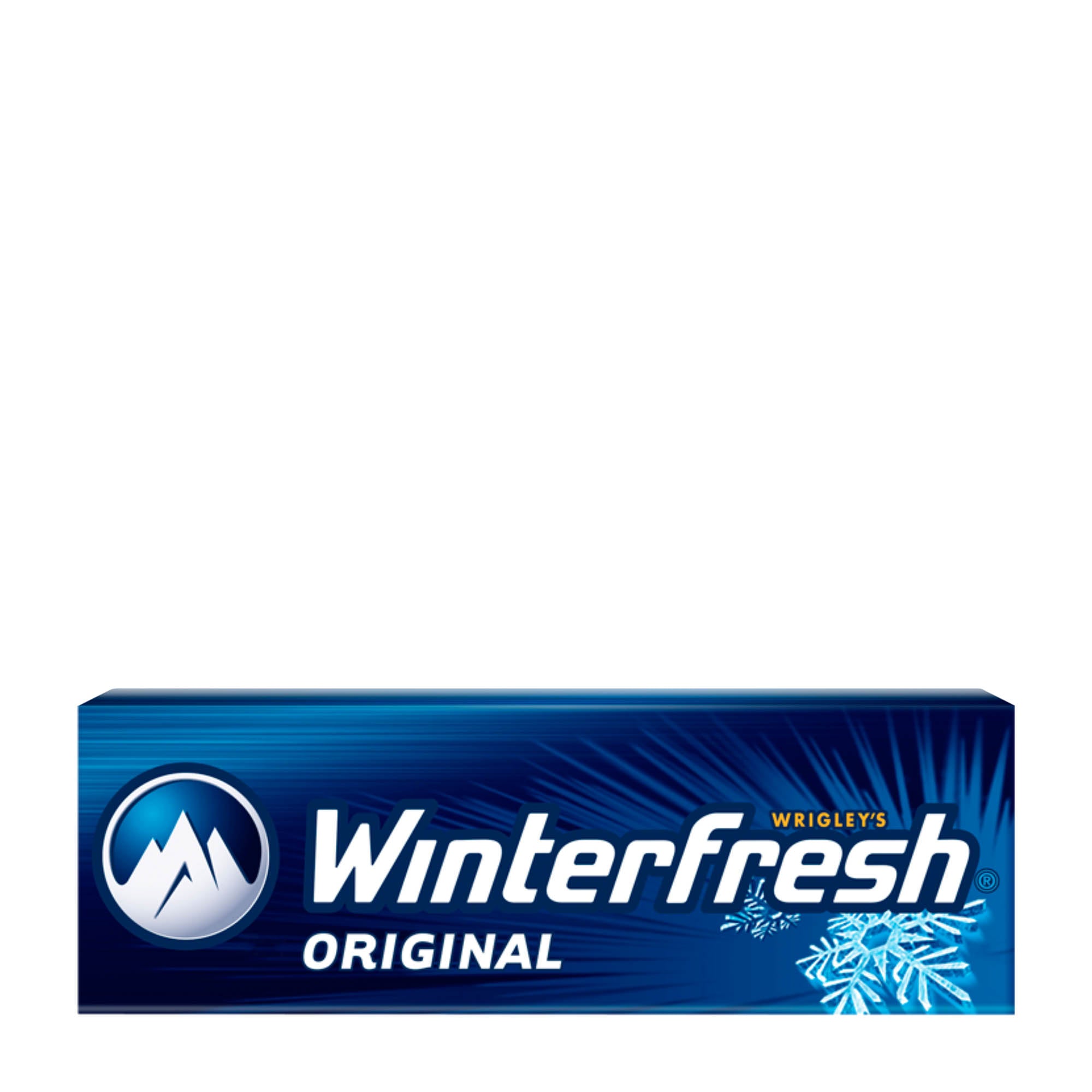A pack of Winterfresh Original chewing gum with a blue and white wrapper featuring snowflake graphics.