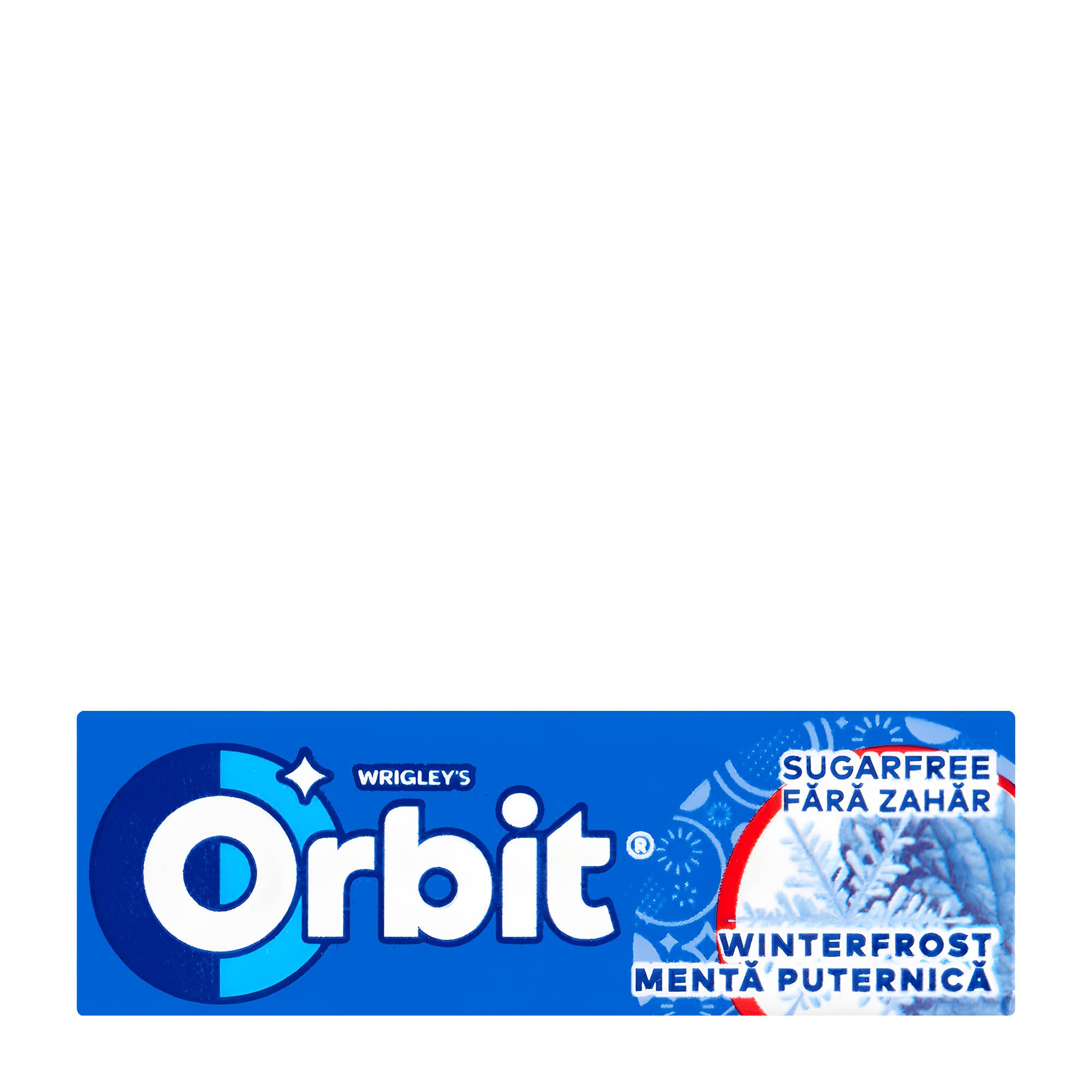 Packaging of Orbit Winterfrost sugar-free chewing gum, featuring the brand logo and product name.