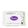 Packaging of Violeta Chamomile moist toilet wipes, featuring chamomile flowers and leaves, with product information and branding.