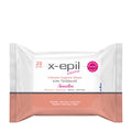 Packaging of X-Epil Intimo Sensitive intimate wipes, showing the product name and count, with a pink and white color scheme.