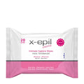 Packaging of X-Epil Intimo Silky intimate hygiene wipes, 20 count, with pink and white color scheme.