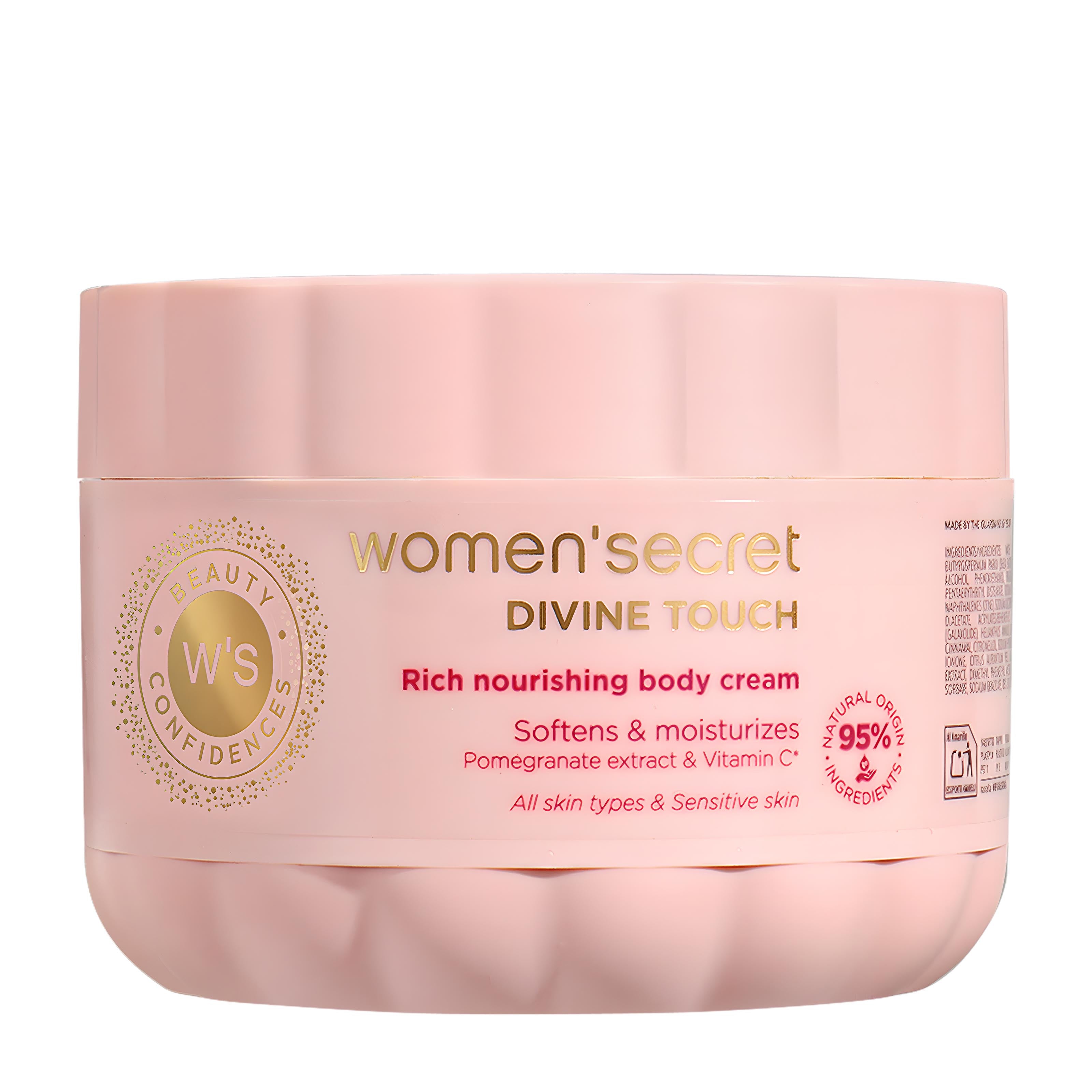 A pink jar of Women'Secret Divine Touch Rich Nourishing Body Cream on a plain white background.