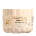 A beige jar of Women'Secret Goddess Elixir Glow Booster Body Cream on a plain white background.