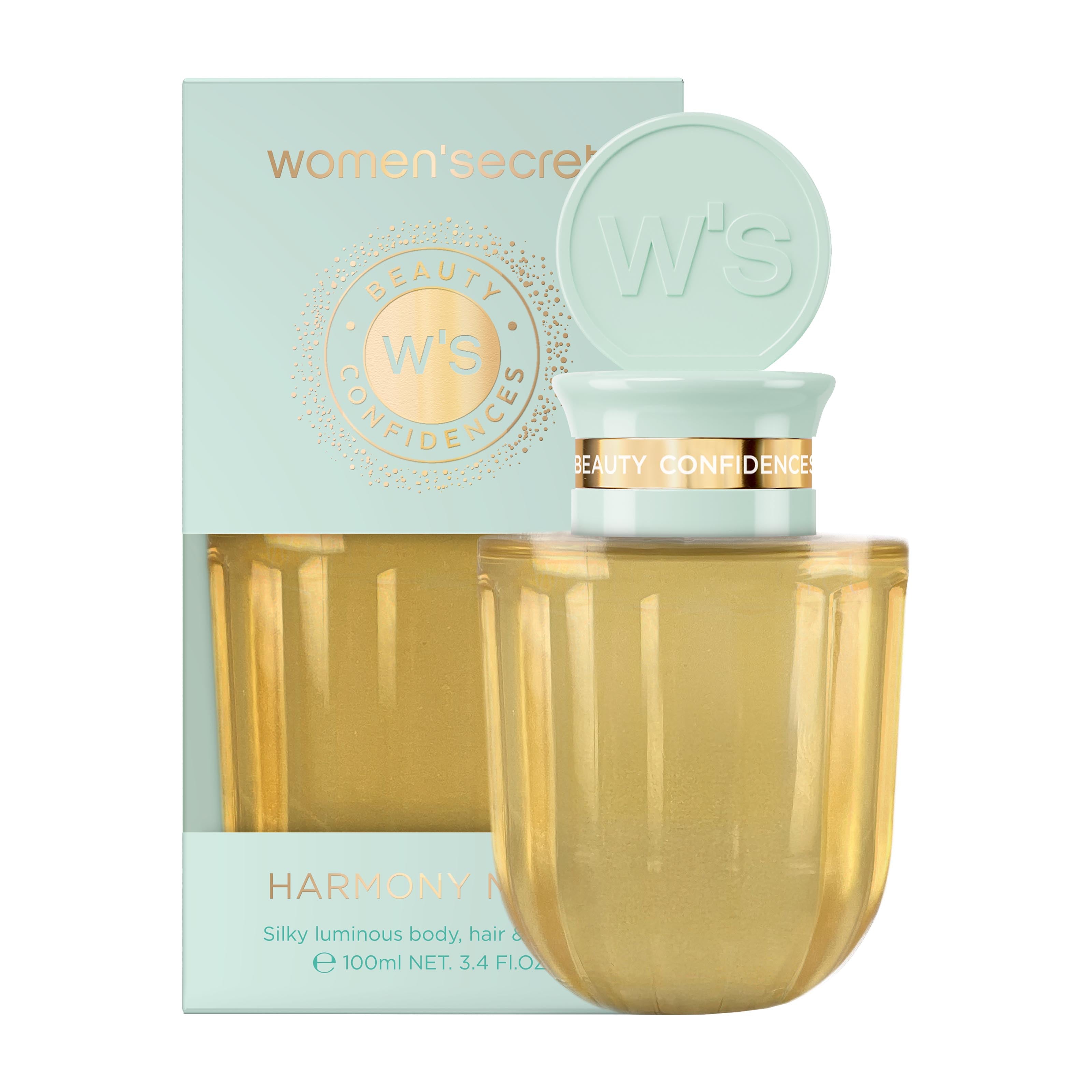 Women'Secret Harmony Muse Body, Hair & Face Oil bottle and packaging on a white background