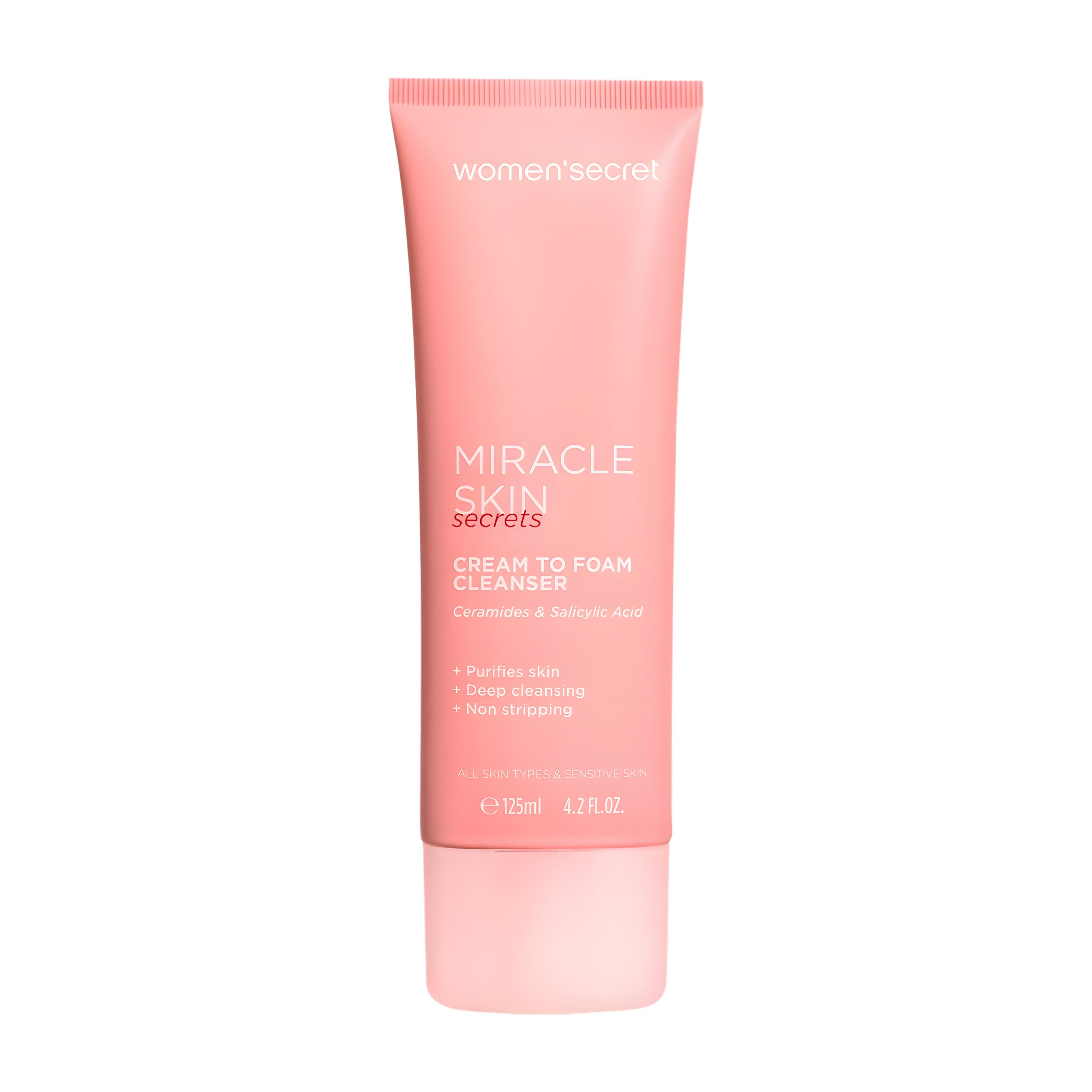 Pink tube of Women's Secret Miracle Skin Secrets Cream to Foam Cleanser on a white background
