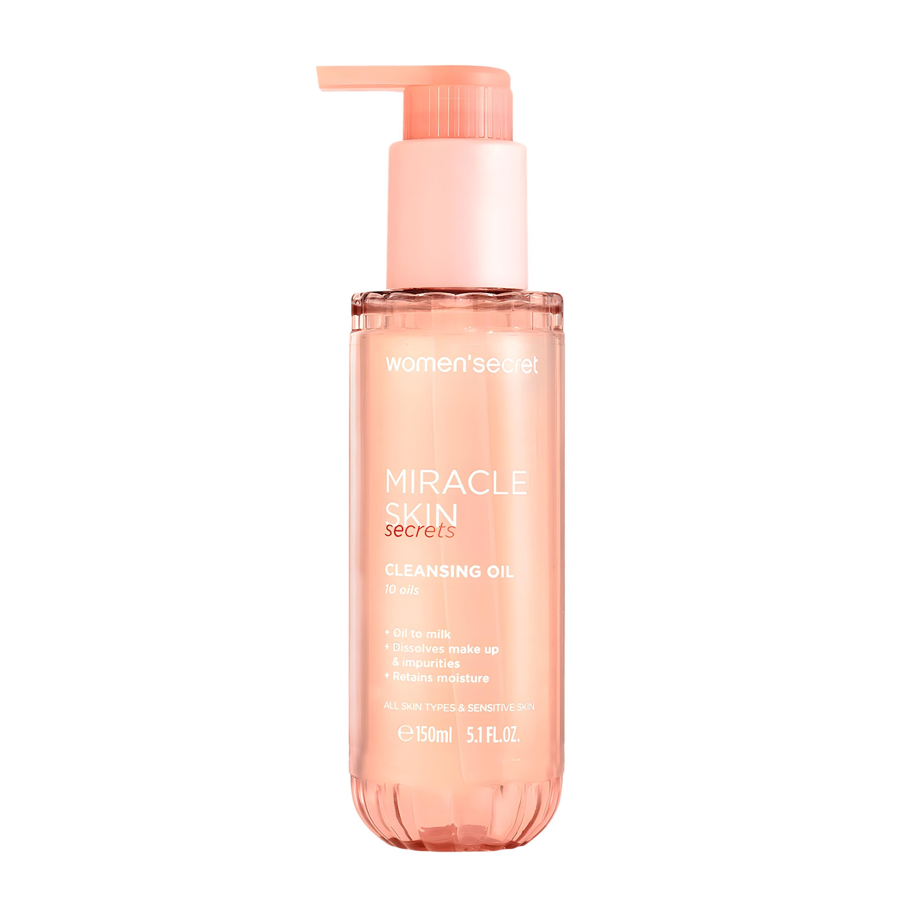 Women'Secret Miracle Skin Secrets Face Cleansing Oil pump bottle on a white background.