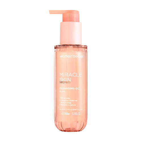 Women'Secret Miracle Skin Secrets Face Cleansing Oil pump bottle on a white background.