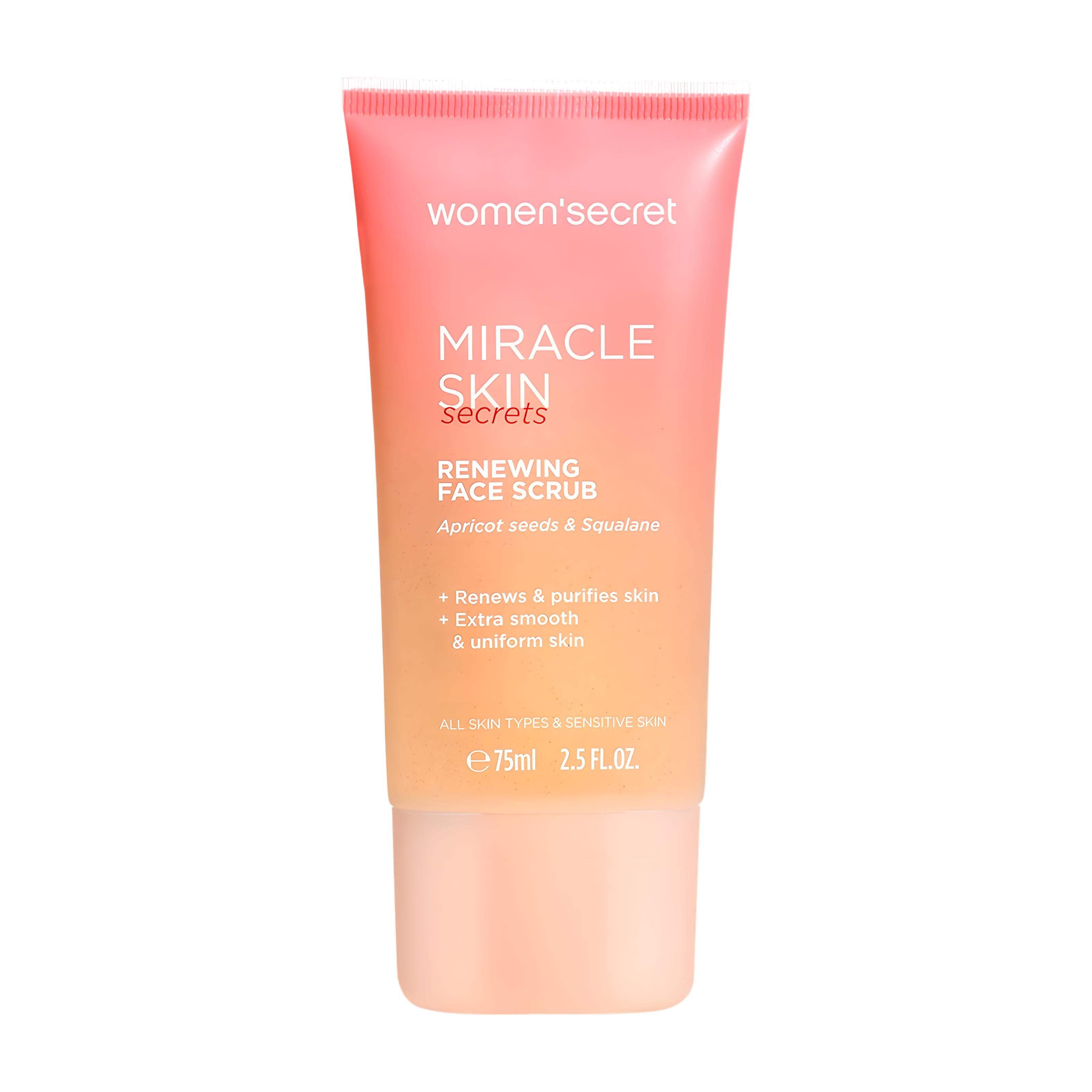 Tube of Women'Secret Miracle Skin Renewing Face Scrub on a white background