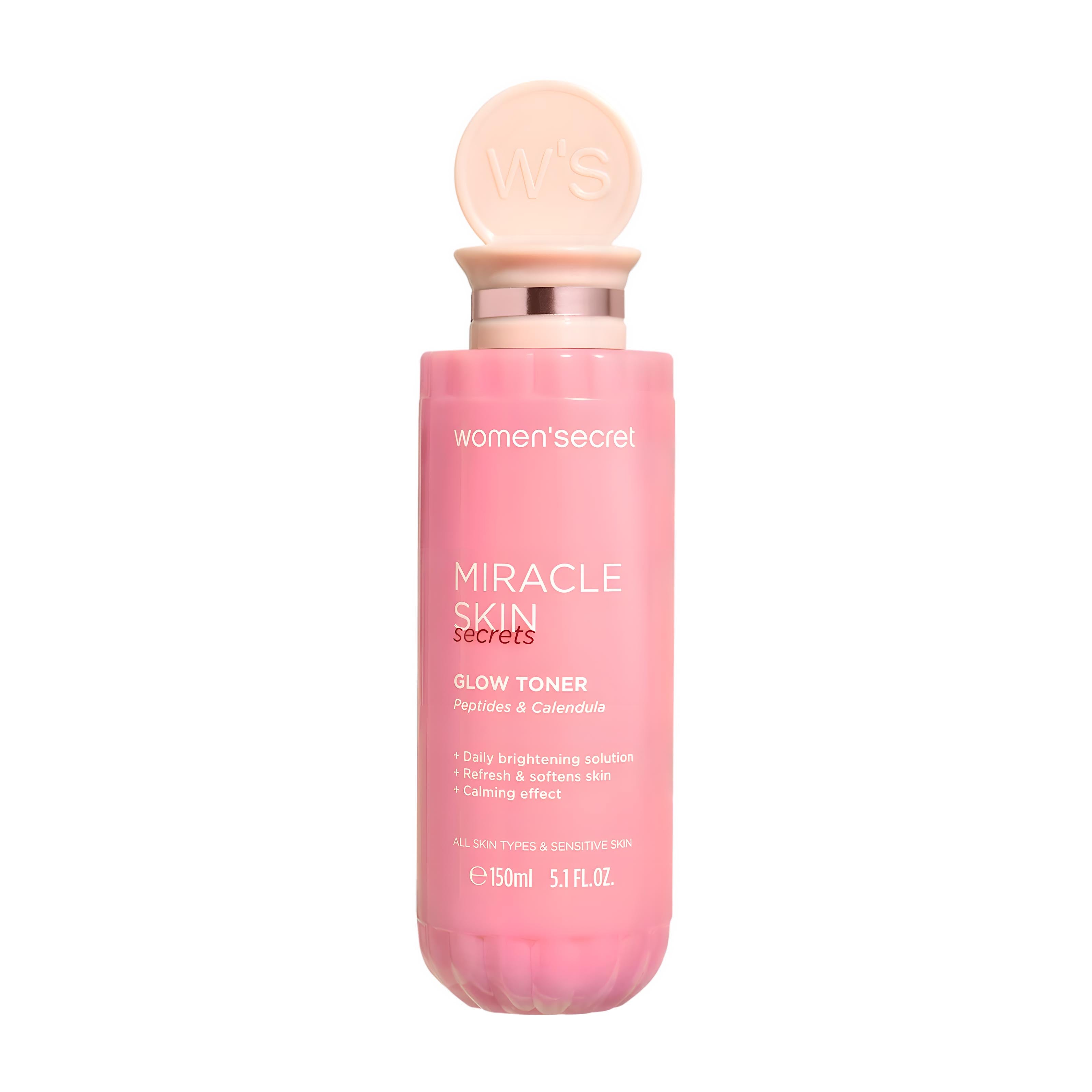 Pink bottle of Women's Secret Miracle Skin Glow Toner on a white background