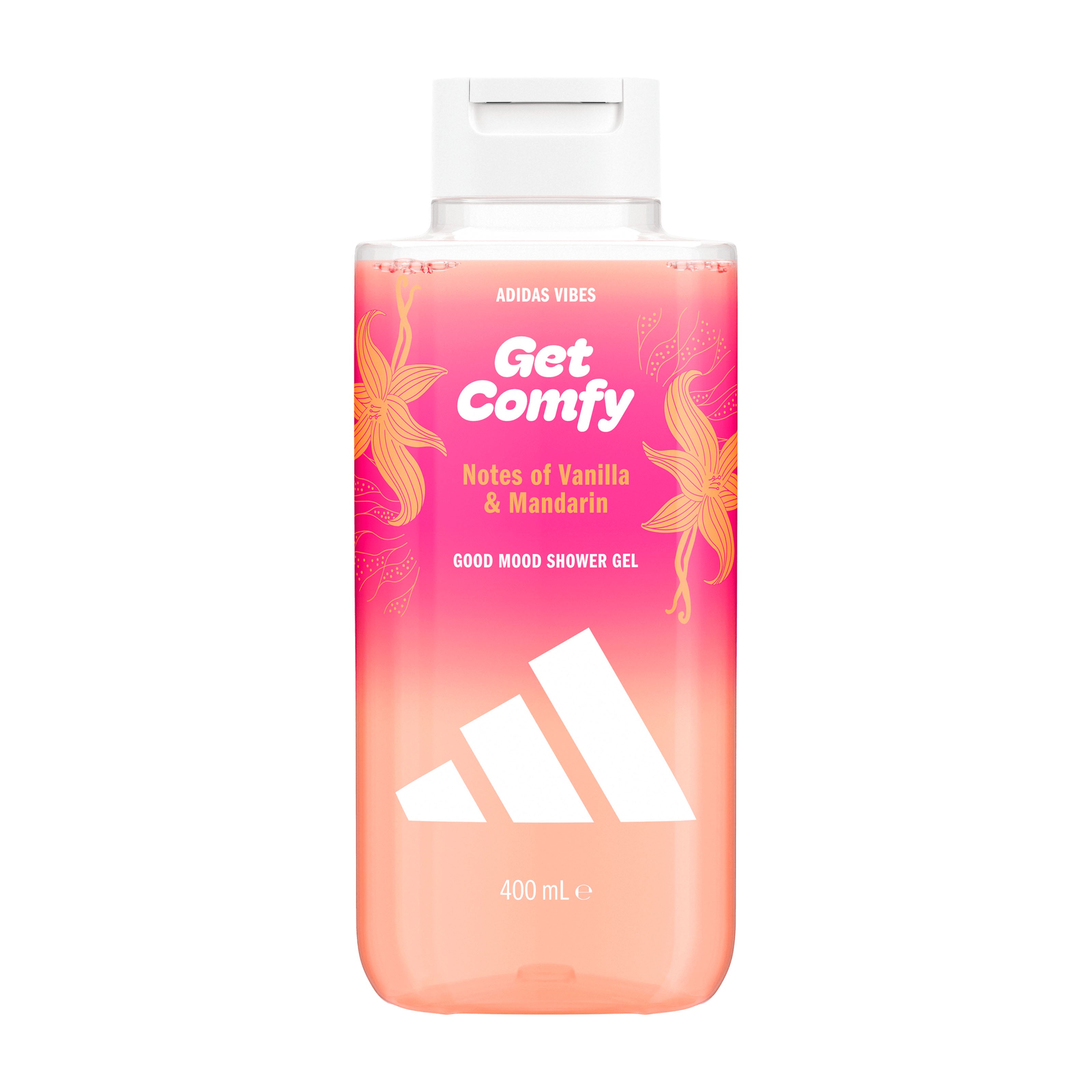 Adidas Vibes Get Comfy shower gel bottle with pink and orange design on a white background