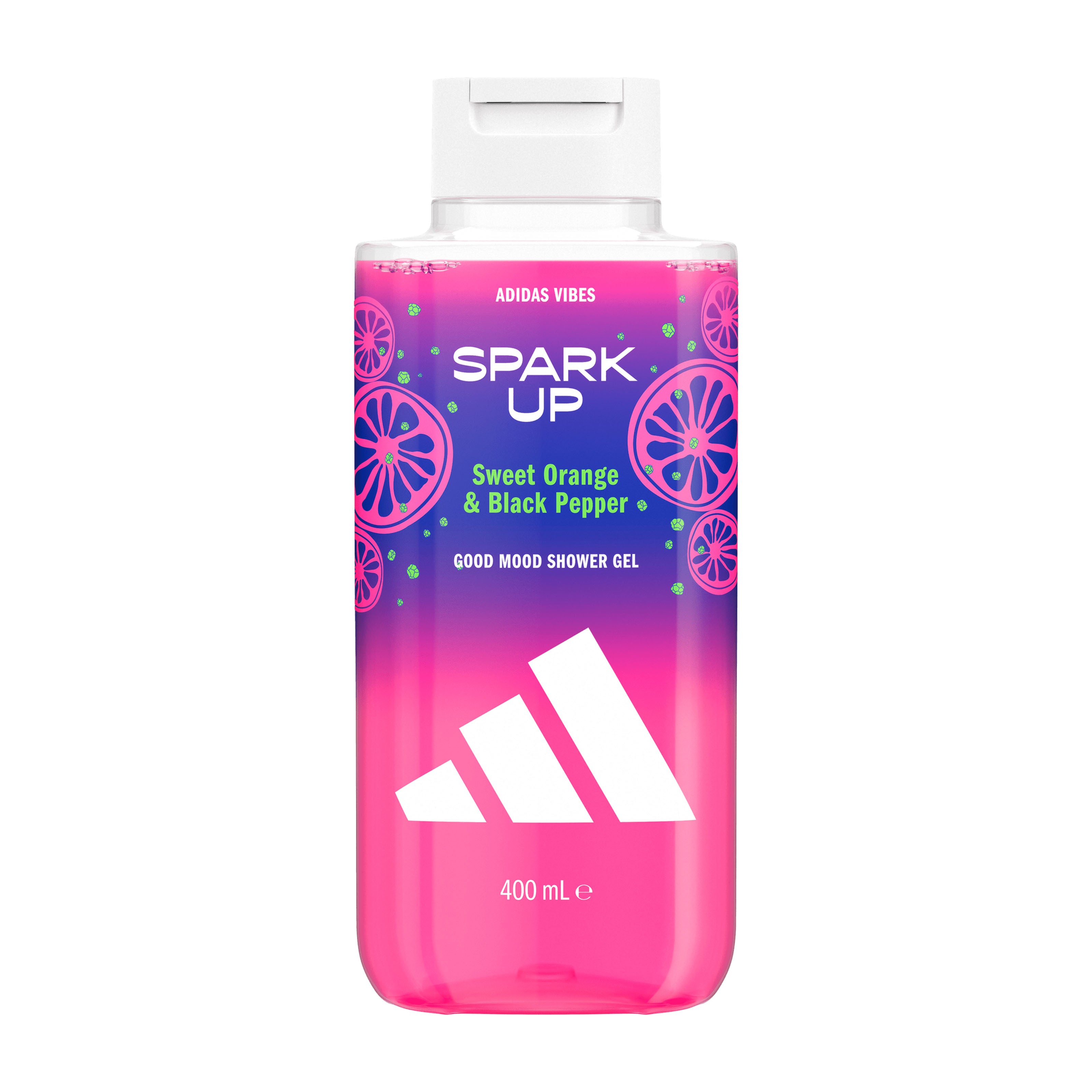 Adidas Vibes Spark Up shower gel bottle on a white background