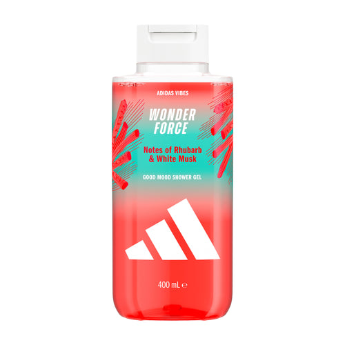 Adidas Vibes Wonder Force shower gel bottle on a white background