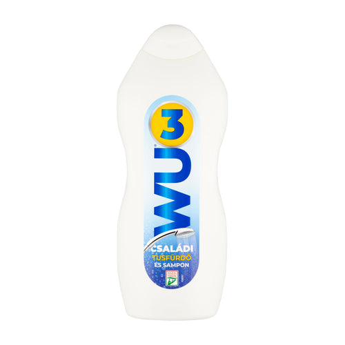 WU Family body and hair wash bottle with blue and yellow label on a white background