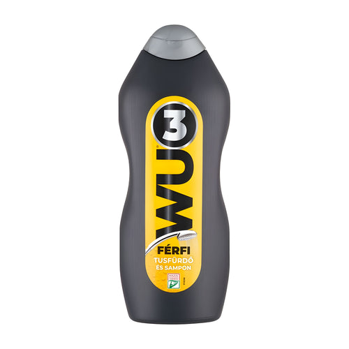 Bottle of WU3 For Men body and hair wash with yellow label on a white background
