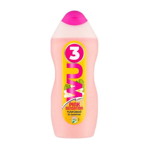 Pink bottle of WU Pink Sensation body and hair wash with a yellow label on a white background