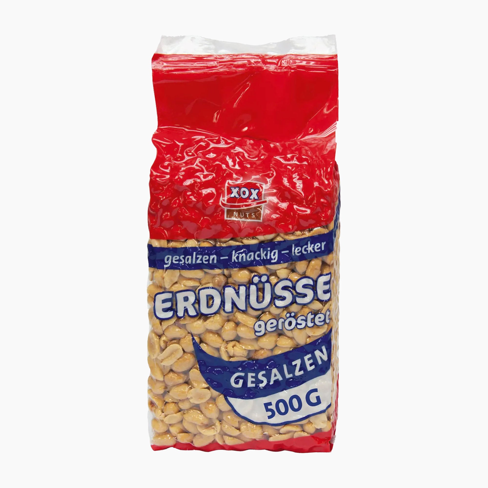 XOX Roasted Salted Peanuts bag on a light gray background.