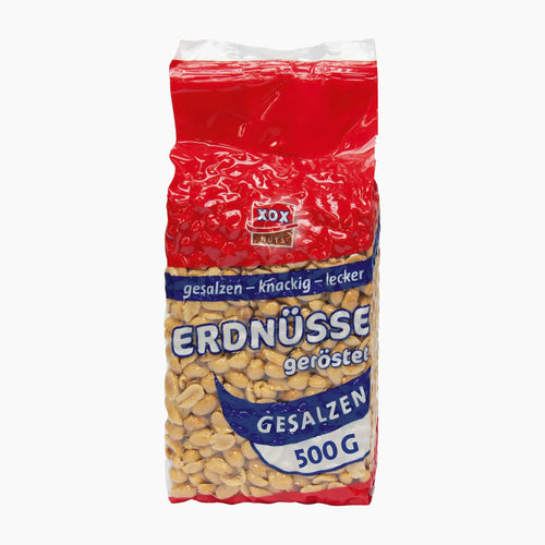 XOX Roasted Salted Peanuts bag on a light gray background.