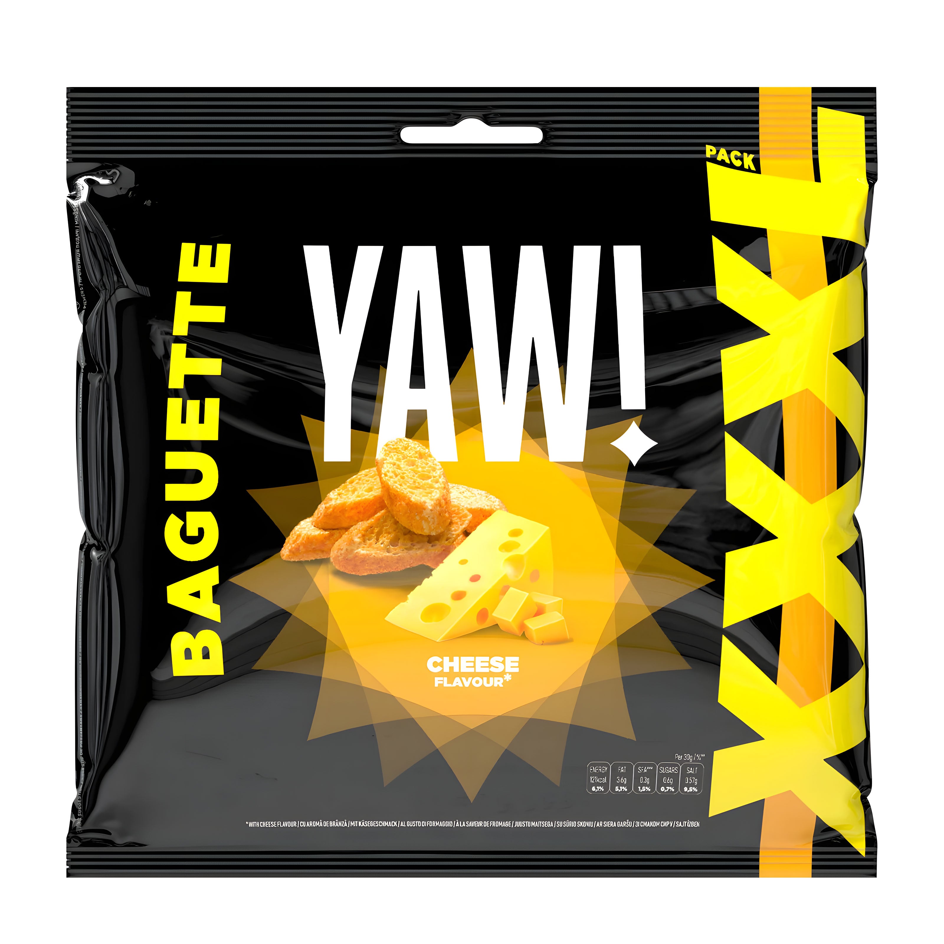 Packaging of YAW! Cheese flavored Baked Baguette Bites with black and yellow design