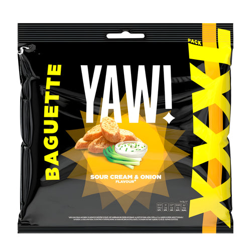 YAW! Baguette packaging with sour cream and onion flavor on a black background