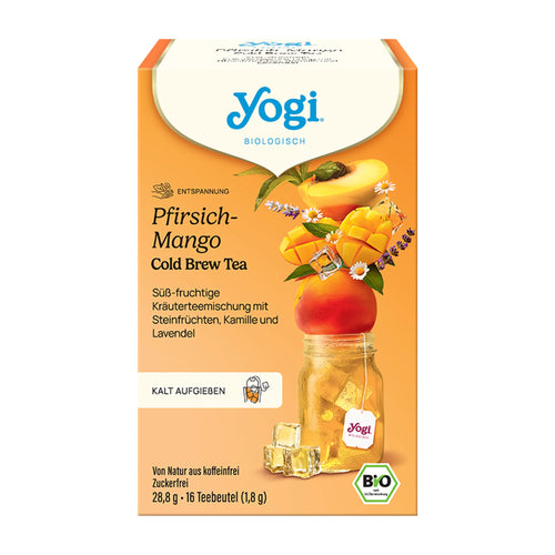 Yogi Peach-Mango Cold Brew Tea packaging on a white background