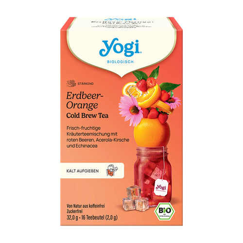 Yogi Tea Strawberry-Orange Cold Brew Tea packaging on a white background