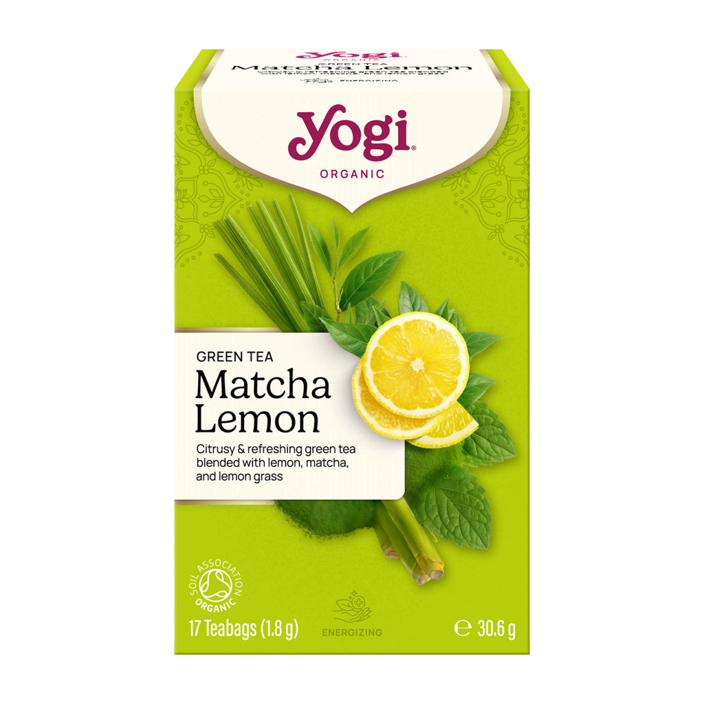 Yogi Matcha Lemon green tea box on a white background