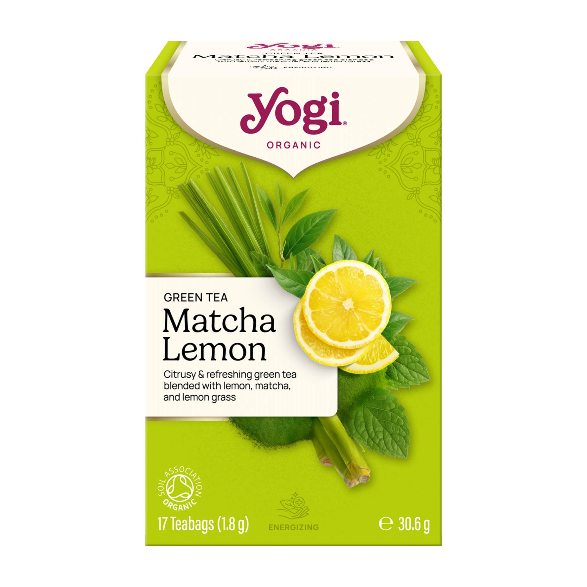 Yogi Matcha Lemon green tea box on a white background