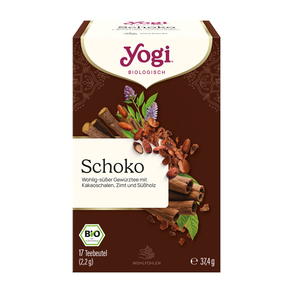 Yogi Choco tea box with chocolate, cinnamon, and other ingredients on a white background