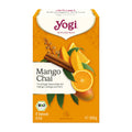 Yogi Mango Chai tea box with orange, cinnamon, and mango illustration on a white background