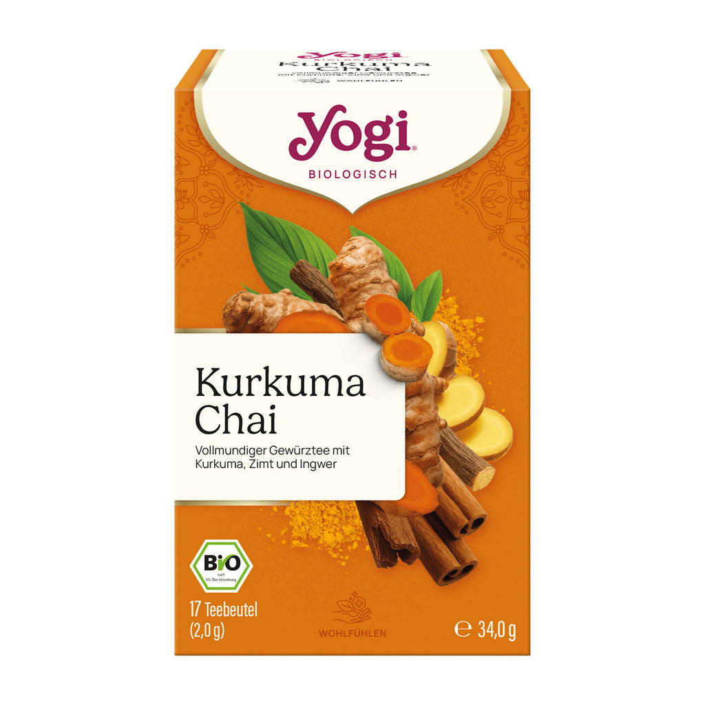 Yogi Kurkuma Chai tea box with ingredients on an orange background