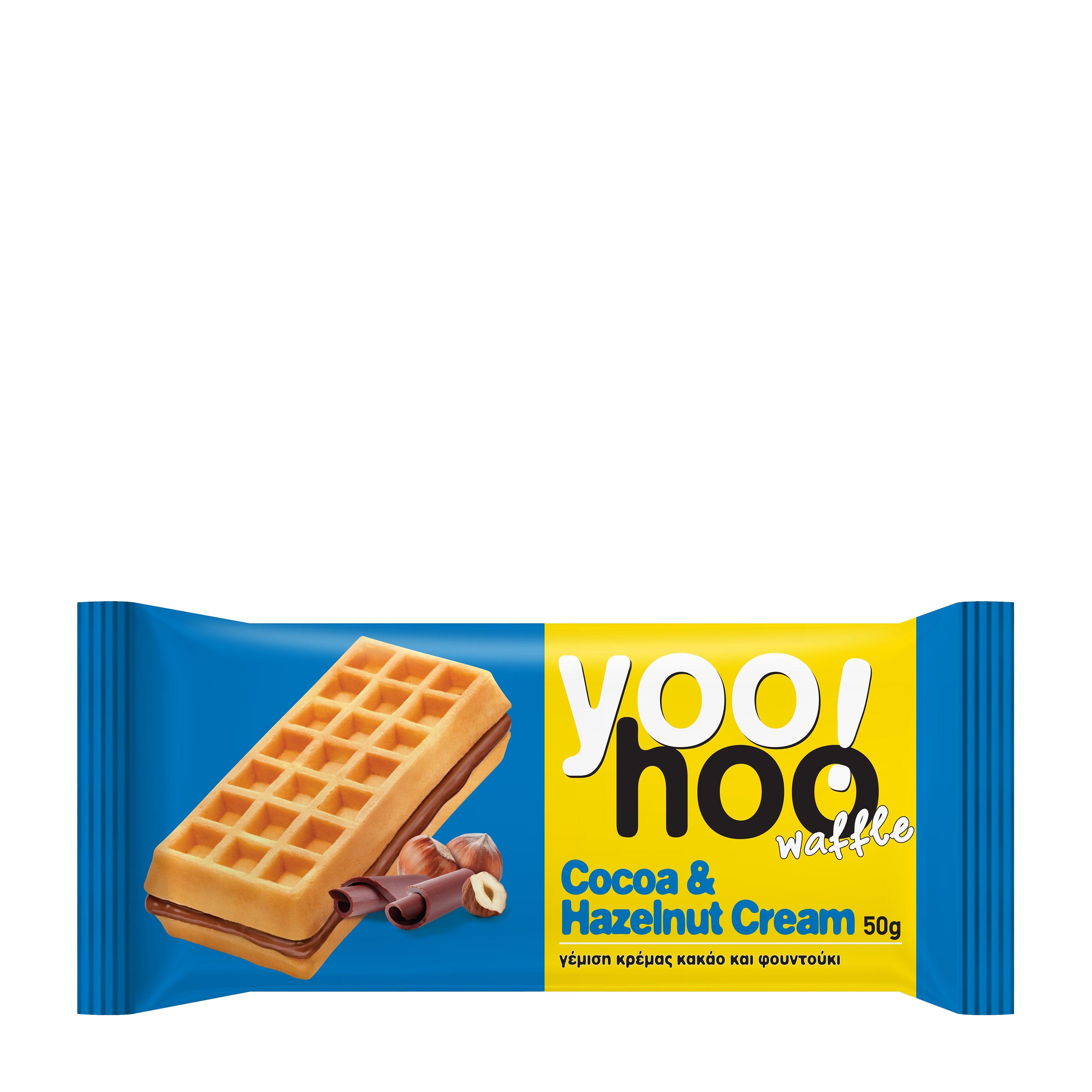 Yoo-hoo Cocoa and Hazelnut Cream waffle bar packaging with a waffle and chocolate cream illustration on a white background