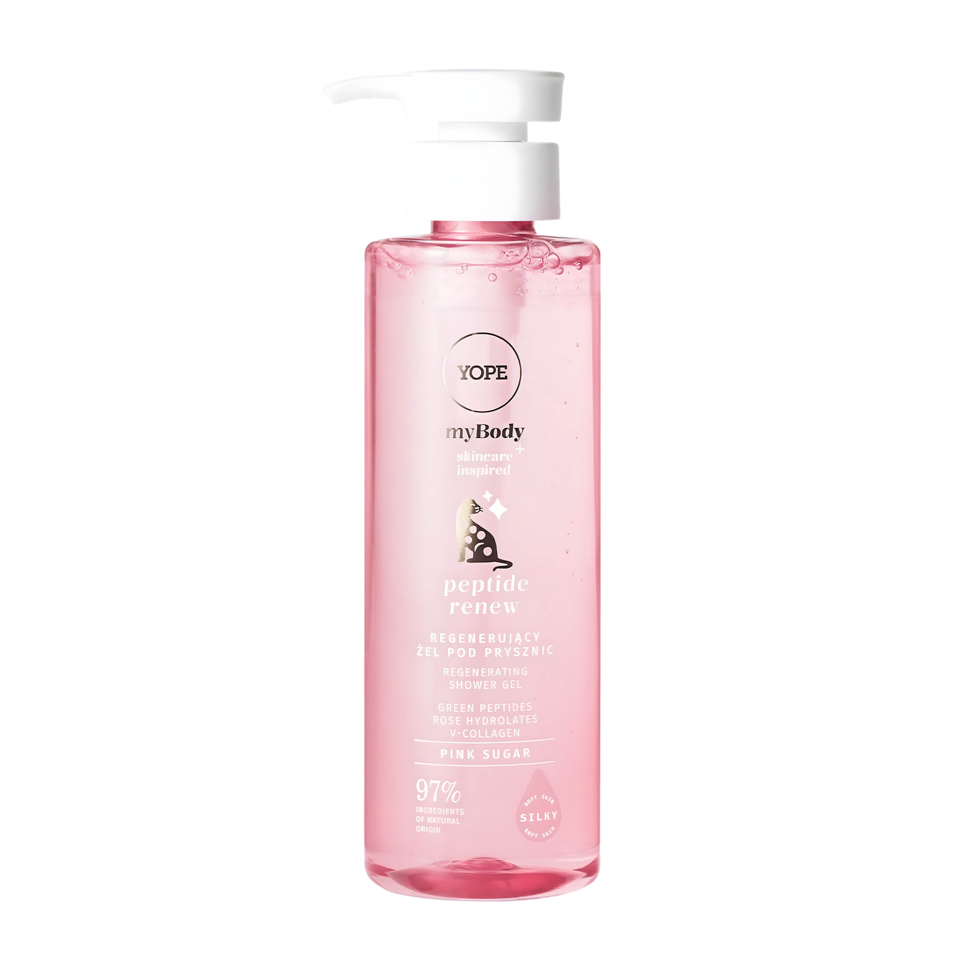 Yope Peptide Renew Pink Sugar Shower Gel bottle on a white background