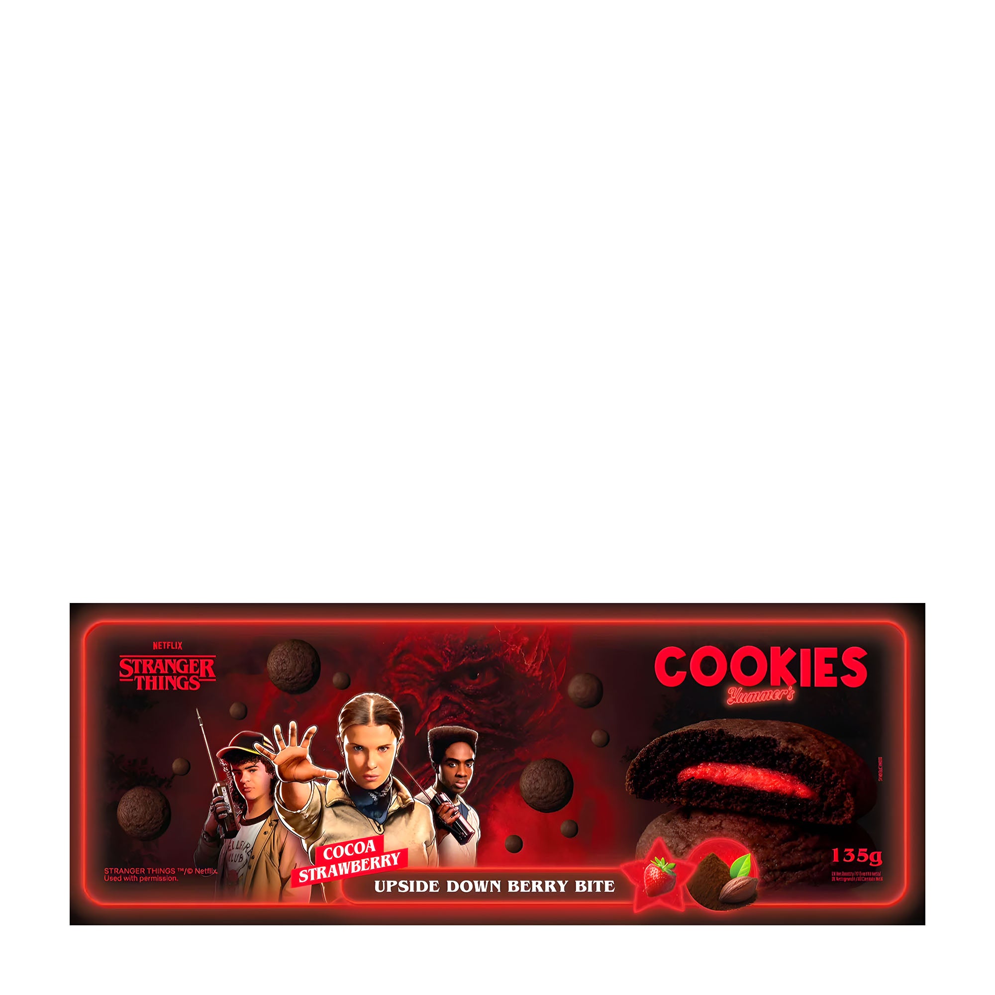 Stranger Things-themed Yummer's cookies packaging with characters and red background