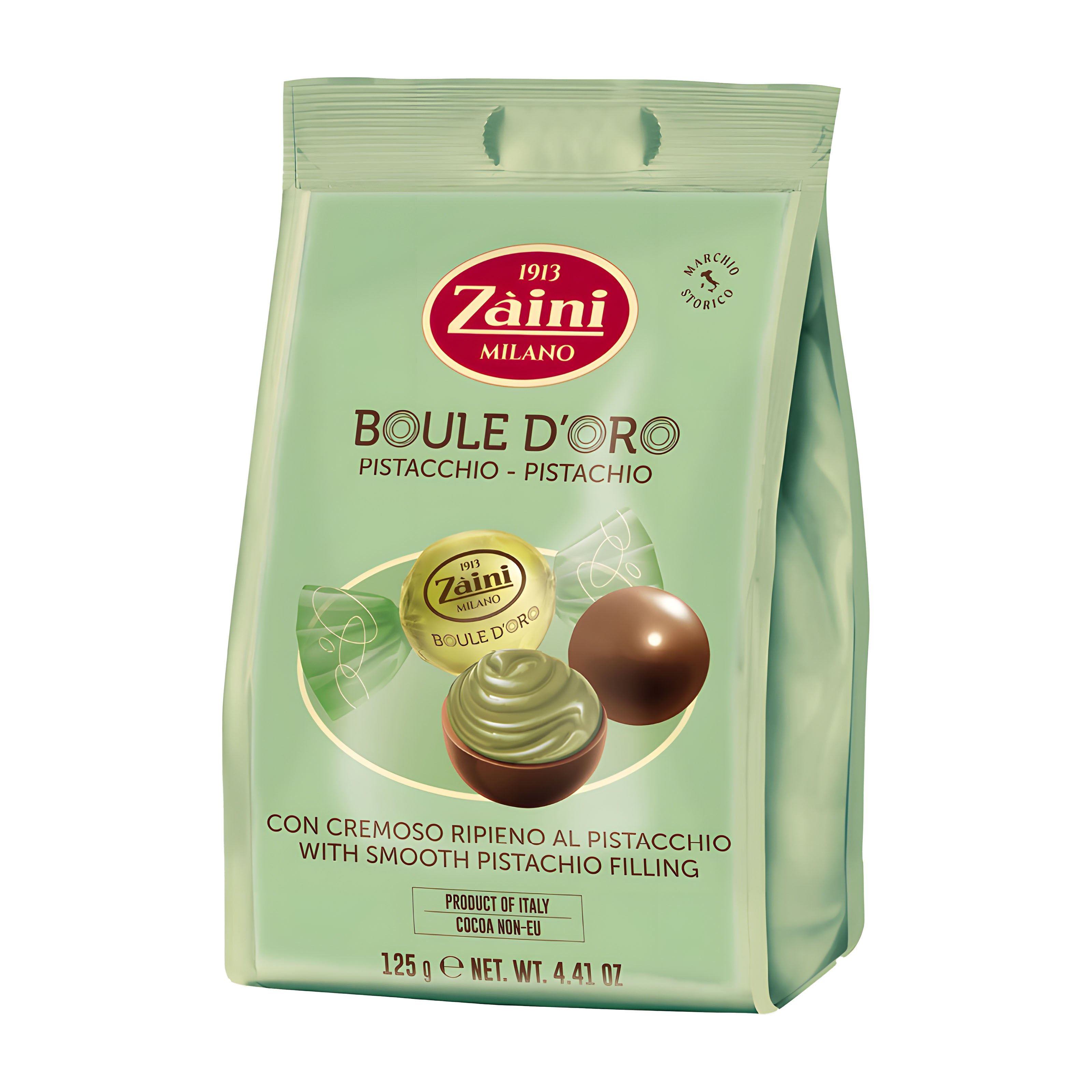 Zaini Milano Boule D'Oro pistachio milk chocolate pralines packaging on a white background