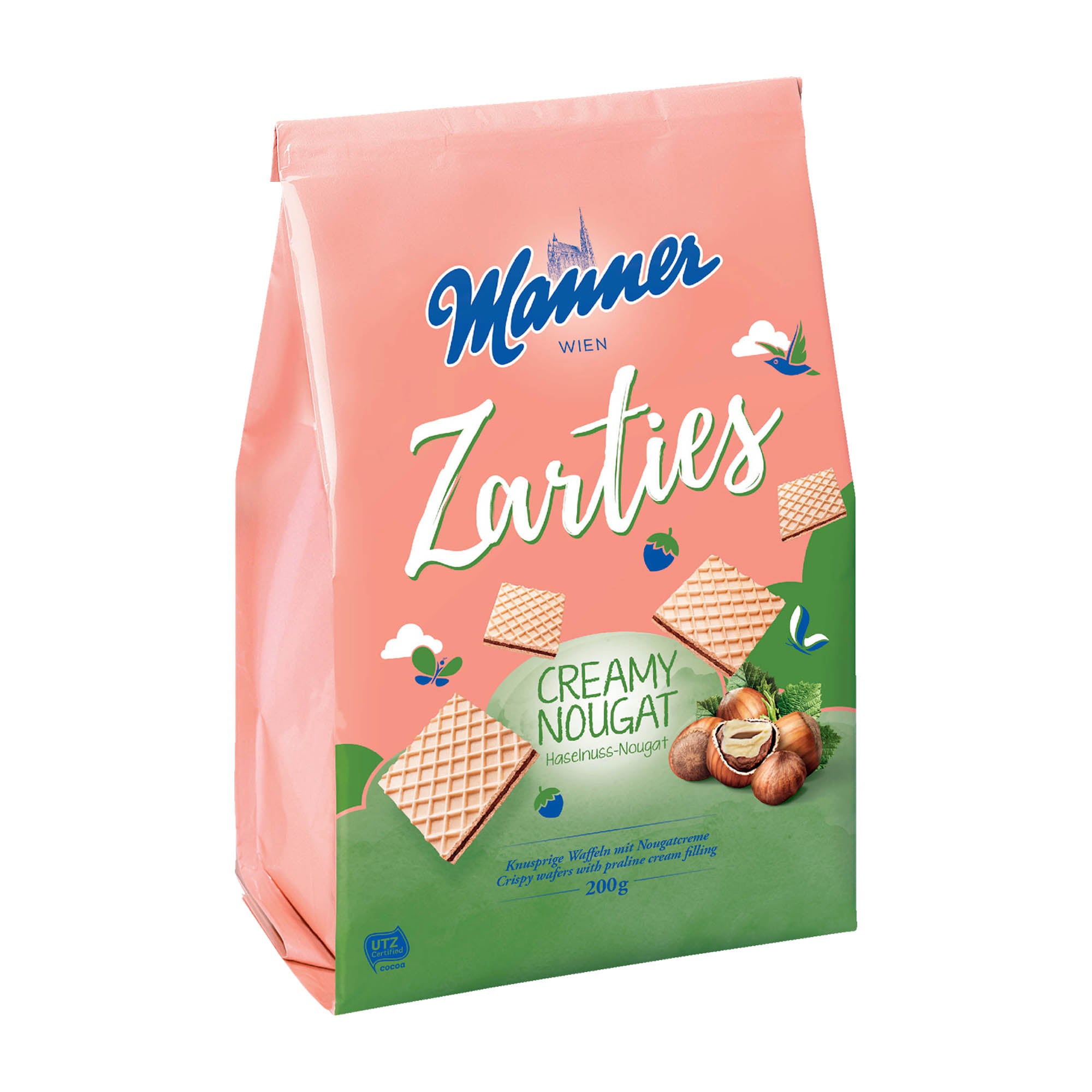 A pink package of Manner Zarties Creamy Nougat Wafer Bars with an image of the wafer bars and nuts on the front.