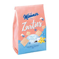Packaging of Manner Zarties Milky Vanilla Wafer Bars showing the product name and a picture of the vanilla wafer bars.