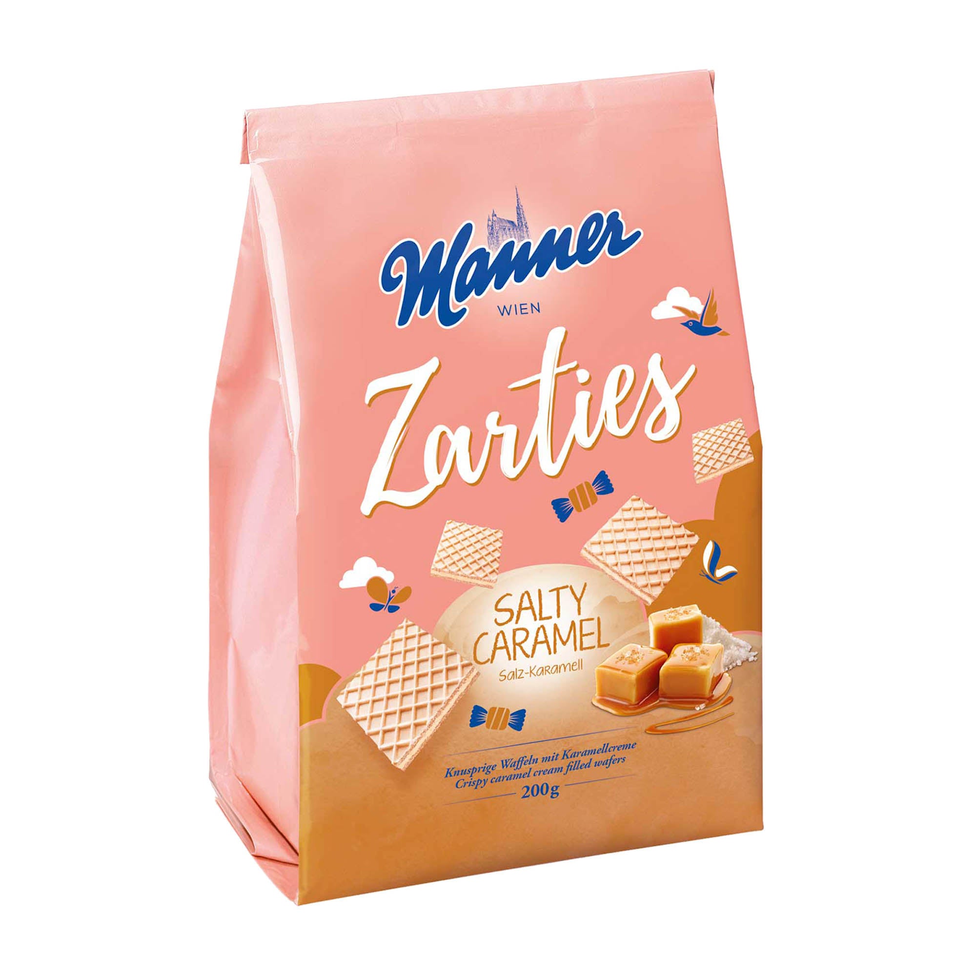 A package of Manner Zarties Salty Caramel Wafer Bars, 200 g, showing the product name and description, with an image of the wafer bars and caramel pieces on the front.