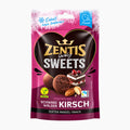 A package of Zentis Lovely Sweets inspired by Schwarzwalder Kirsch (black forest cherry) pralines. The packaging is magenta pink with a large black heart in the center, featuring a chocolate cake slice, a chocolate ball, and almonds.