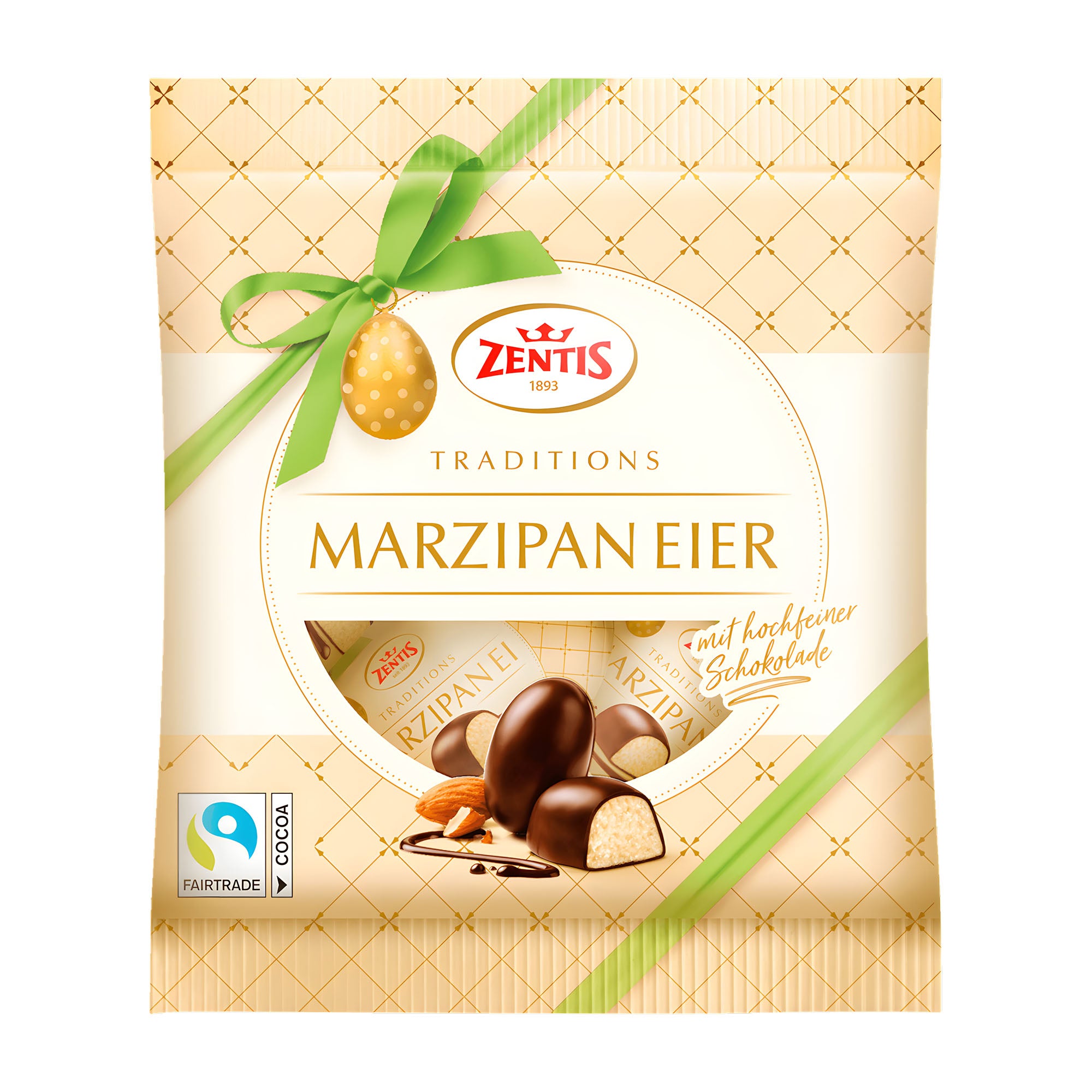 Zentis Marzipan Eggs packaging with a green ribbon on a white background
