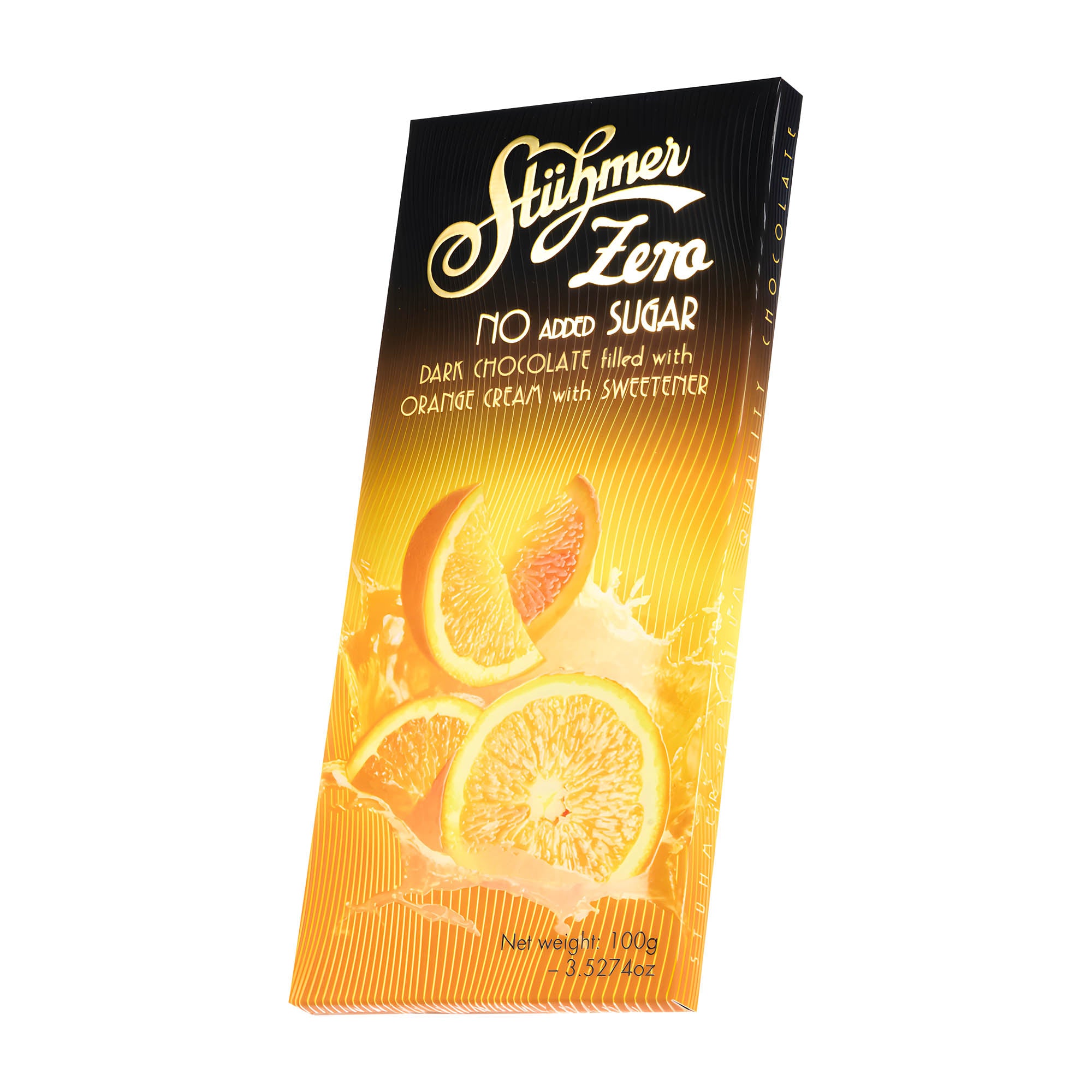 Packaging of Stühmer Zero No added sugar Orange cream dark chocolate bar, with an image of orange slices and the bar in the background.