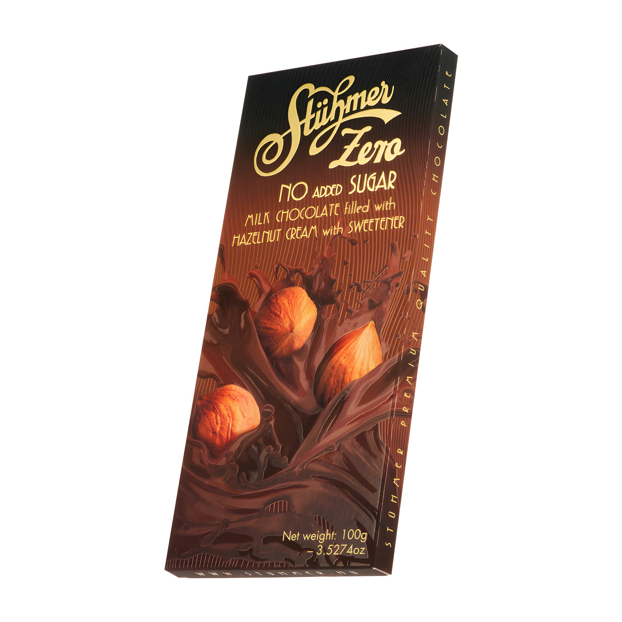 Packaging of Stühmer Zero No added sugar Hazelnut Cream Milk Chocolate Bar, showing the bar and hazelnuts on the front.