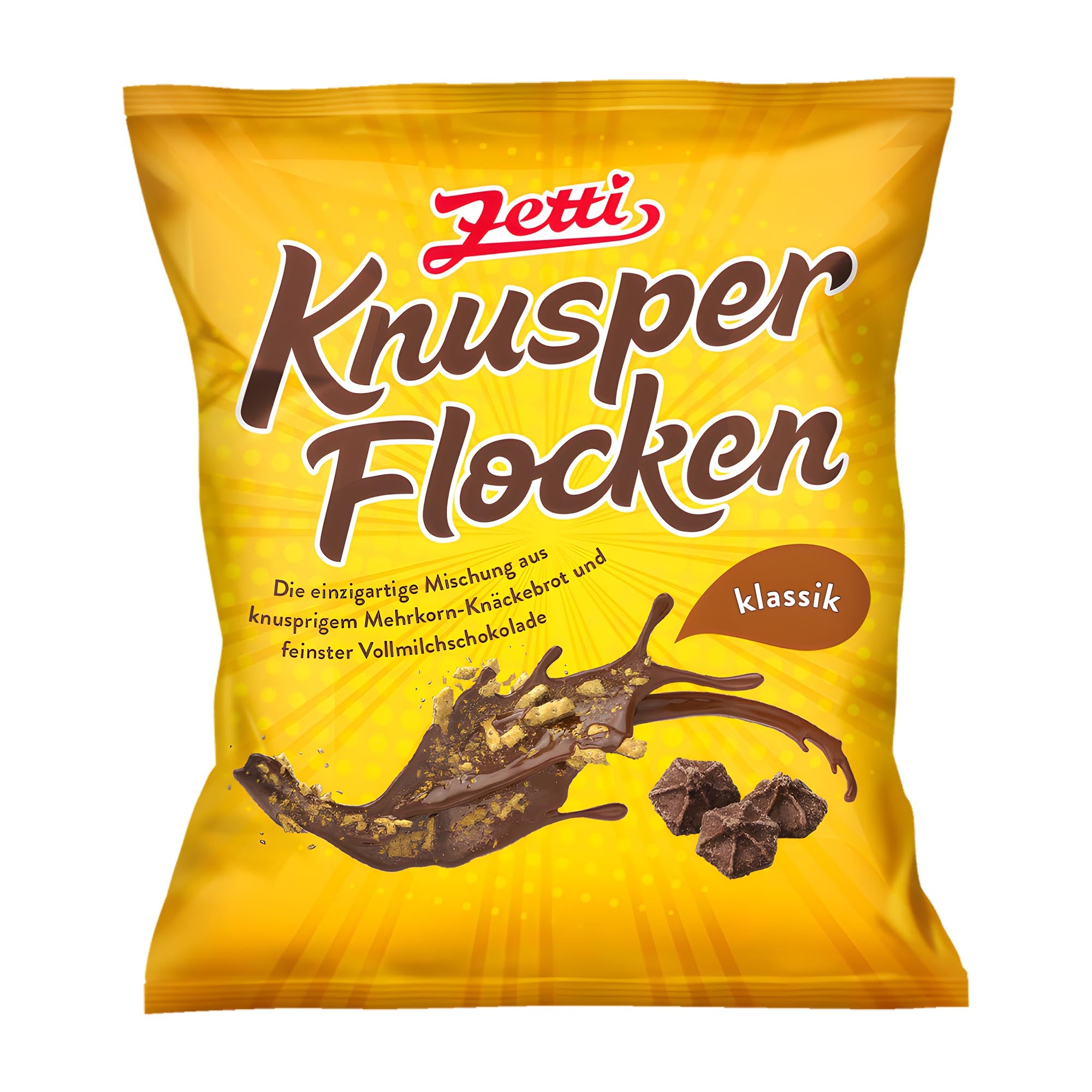 Yellow package of Zetti Knusperflocken Classic with chocolate illustration on a white background