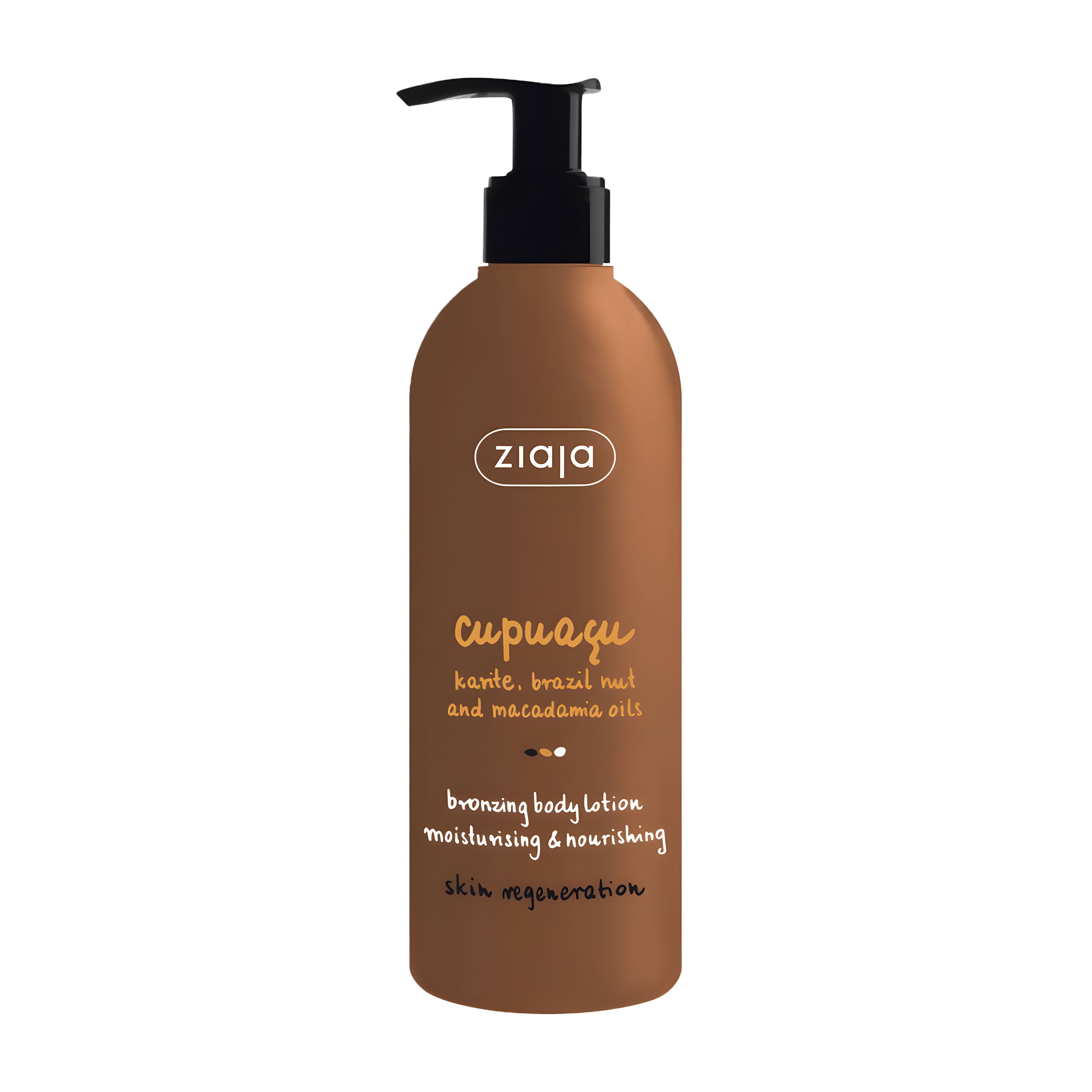 Brown bottle of Ziaja Cupuaçu bronzing body lotion on a white background