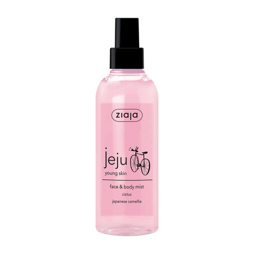 Pump bottle of Ziaja Jeju Face and Body Mist on a white background