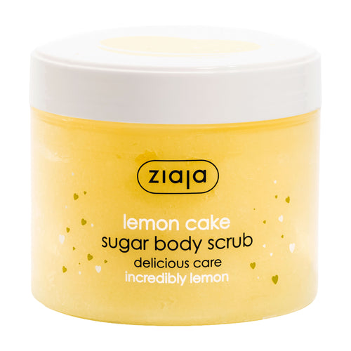 Jar of Ziaja lemon cake sugar body scrub on a white background