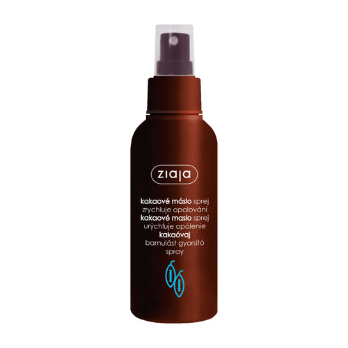 Cocoa Butter tanning accelerator spray bottle with Ziaja logo on a white background