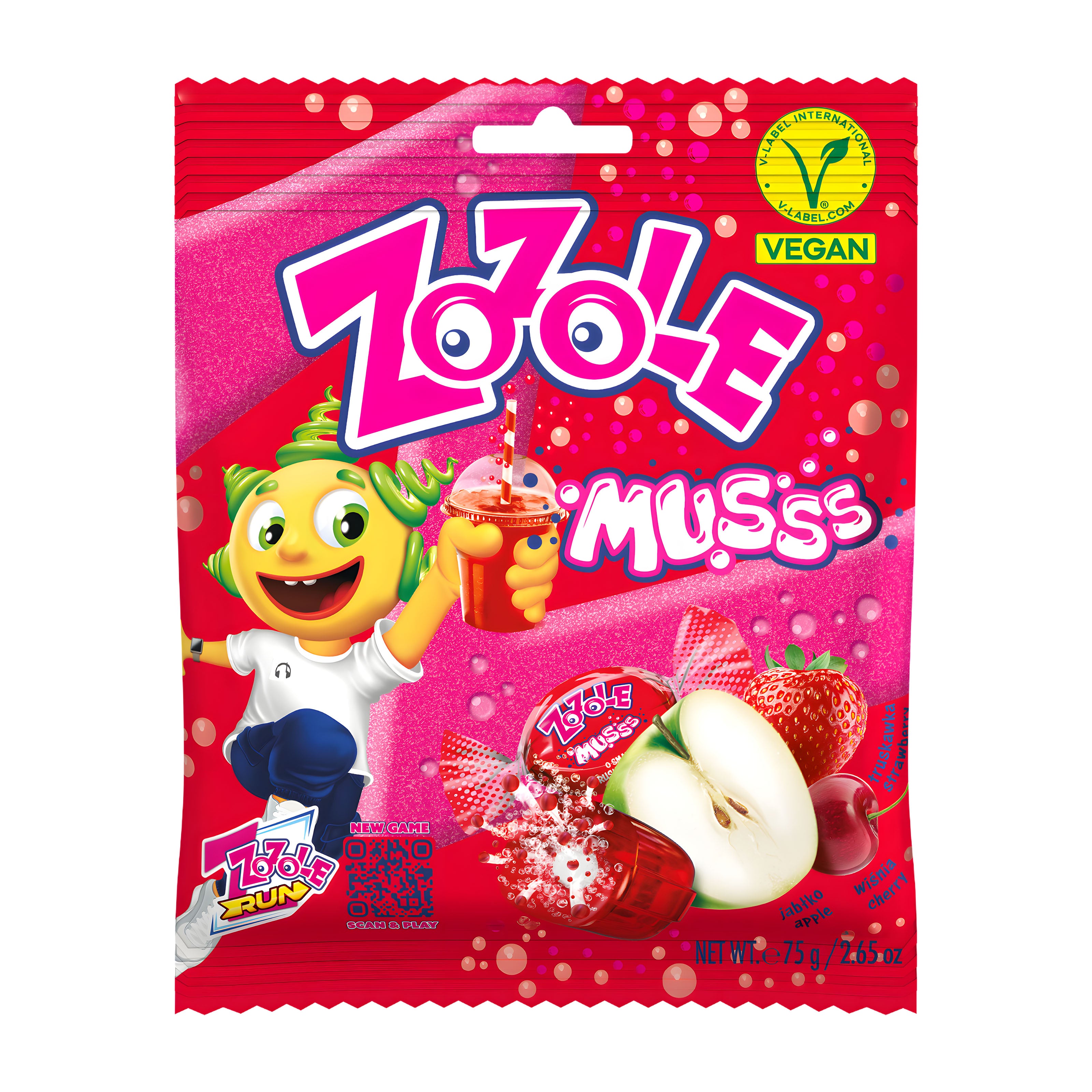 Zozole Musss Apple, Cherry & Strawberry Fizzy Candy packaging on a white background