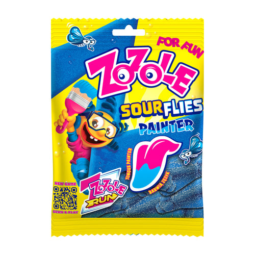 Zool Sour Flies Painter gummy candy packaging with colorful design and cartoon character.
