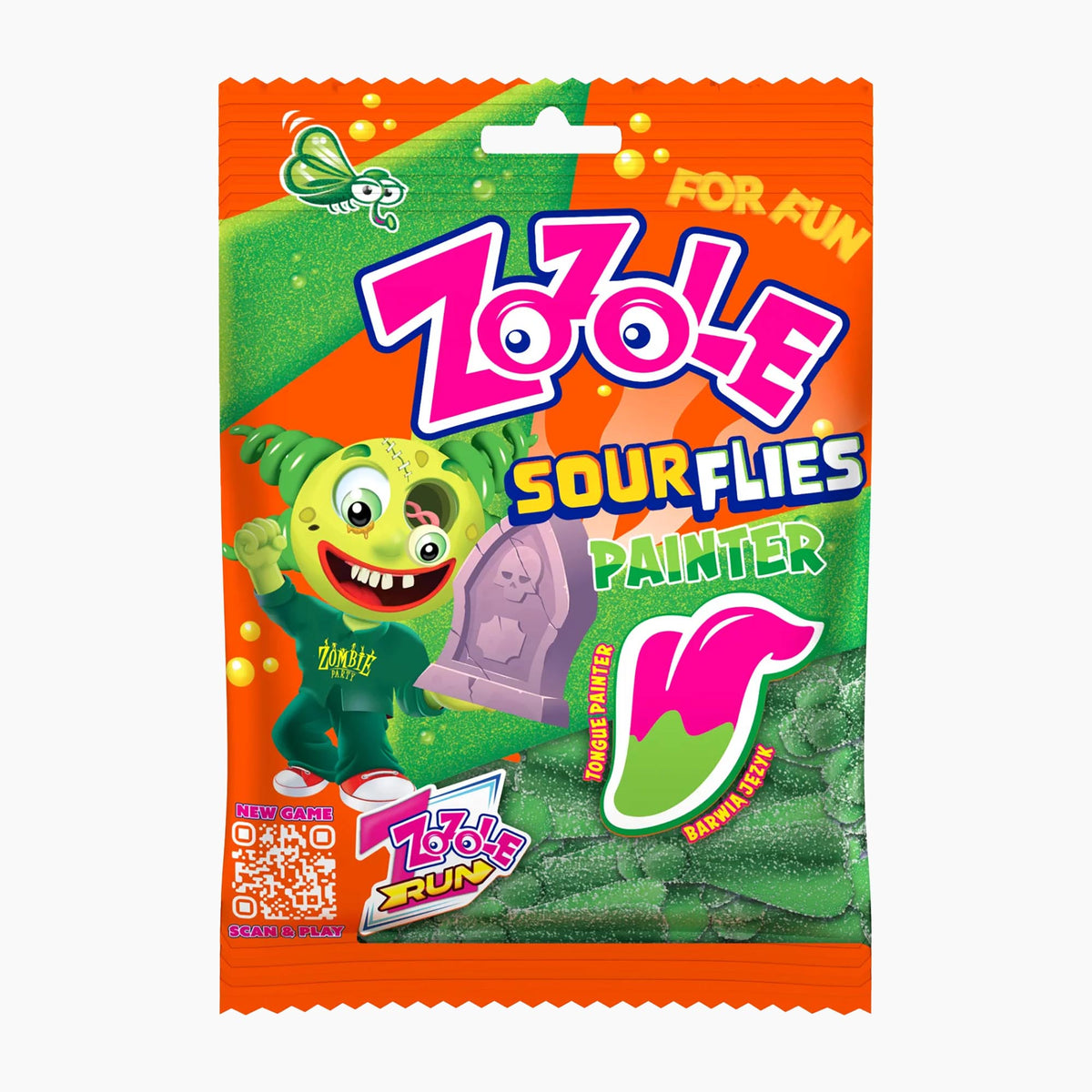 Zozole Sour Flies Painter Zombie gummy candy bag on a light gray background.