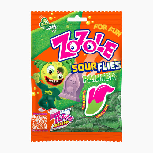 Zozole Sour Flies Painter Zombie gummy candy bag on a light gray background.